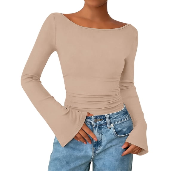 Long Sleeve Shirts for Women Boat Neck Bell Sleeve Ribbed Ruched Long Sleeve Tops Casual Chic Clothes Womens Sweatshirt Yellow 2Xl