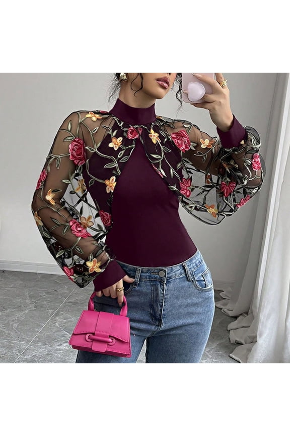 Long Sleeve Shirts for Women, Boat Neck Lace Tops Blouses for Women Long Sleeve Flower Print Summer Fall Shirts 2026 Fashion Y2K