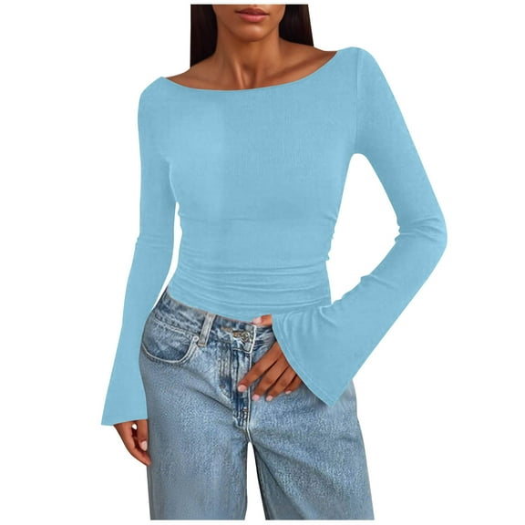 Long Sleeve Shirts for Women Boat Neck Ribbed Knit Womens Blouses Solid Color Casual Fall Tops Stretchy Everyday Going Out Tops
