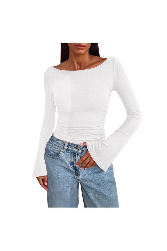 Long Sleeve Shirts for Women Boat Neck Ribbed Knit Womens Blouses Solid Color Casual Fall Tops Stretchy Everyday Going Out Tops