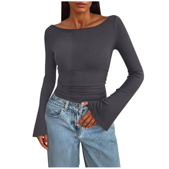 Long Sleeve Shirts for Women Boat Neck Ribbed Knit Womens Blouses Solid Color Casual Fall Tops Stretchy Everyday Going Out Tops