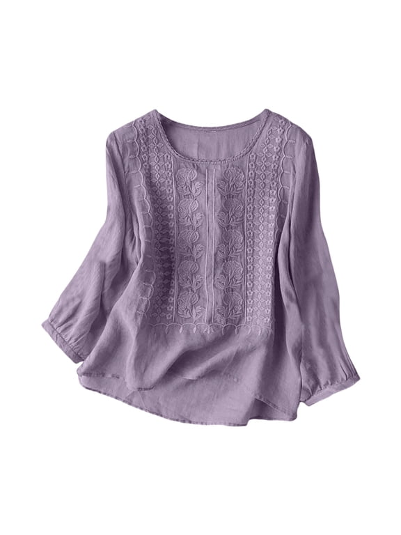 Long Sleeve Shirts for Women Breathable Embroidered Long Sleeve Linen Style V Neck Blouse Tops For Daily Dating Work