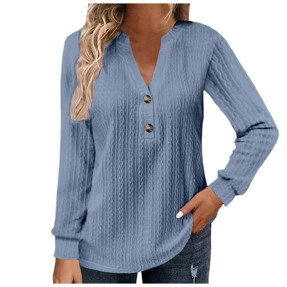 Long Sleeve Shirts for Women Button Up V-Neck Fashion Jacquard Solid Color Blouses 2025 Fall Dressy Casual Loose Tunic Tops