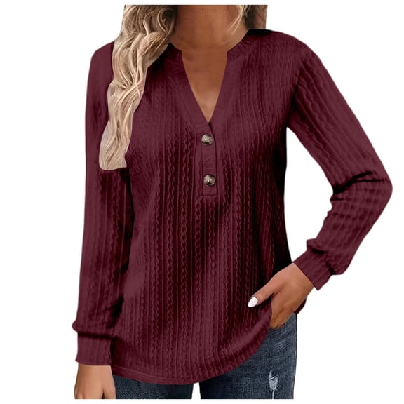 Long Sleeve Shirts for Women Button Up V-Neck Fashion Jacquard Solid Color Blouses 2025 Fall Dressy Casual Loose Tunic Tops
