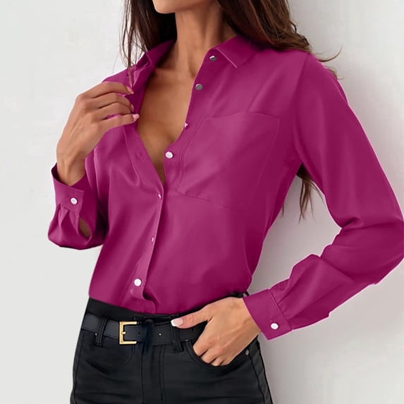 Long Sleeve Shirts for Women Button Up with Pockets Collared Blouses Business Casual Solid Slim Going Out Work Tops T-Shirts