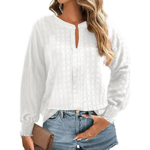 Long Sleeve Shirts for Women Casual Fall V Neck Tops Loose Solid Color Textured Tees Blouses