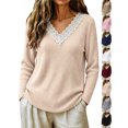 thumbnail image 1 of Long Sleeve Shirts for Women Casual Fashion V-Neck Lace Trim Soft Ribbed Knit Pullover, Perfect for Daily Office Work Wear, 1 of 7