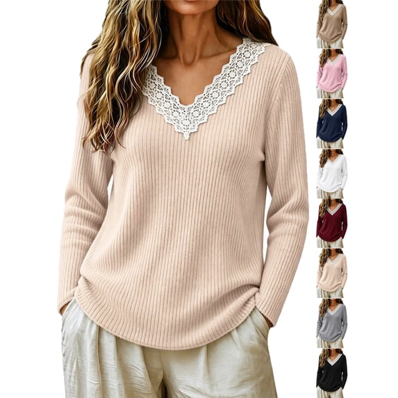 Long Sleeve Shirts for Women Casual Fashion V-Neck Lace Trim Soft Ribbed Knit Pullover, Perfect for Daily Office Work Wear