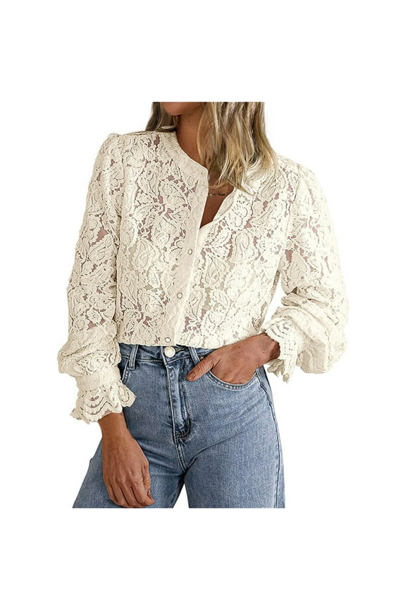 Long Sleeve Shirts for Women Casual Lace Blouse - Long Sleeve Button Up Top Trendy Fall Fashion Nylon Spandex Blend Shirts for Women Womens Blouses