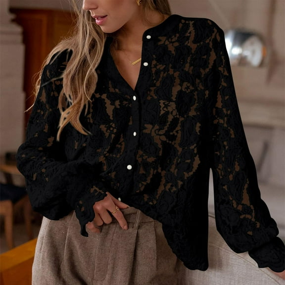 Long Sleeve Shirts for Women, Casual Lace Long Sleeve Button Up Fall Fashion Blouse Tops, Black XL