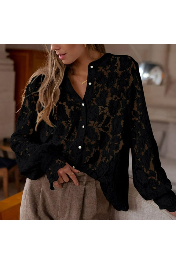 Long Sleeve Shirts for Women, Casual Lace Long Sleeve Button Up Fall Fashion Blouse Tops, Black XL