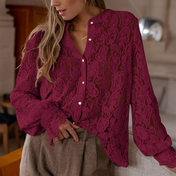 Long Sleeve Shirts for Women, Casual Lace Long Sleeve Button Up Fall Fashion Blouse Tops, Red XL