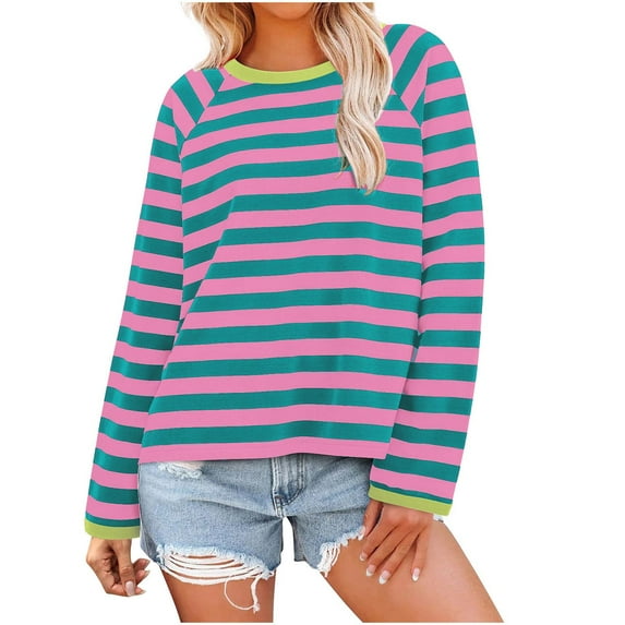 Long Sleeve Shirts for Women Casual Loose Crew Neck Color Block Striped Pullover 2025 Trendy Fall Soft Comfy Tops,Green,M
