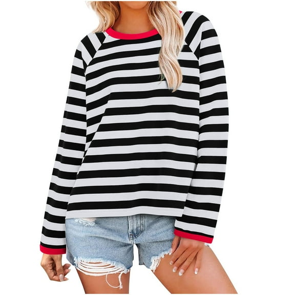 Long Sleeve Shirts for Women Casual Loose Crew Neck Color Block Striped Pullover 2025 Trendy Fall Soft Comfy Tops,Black,S