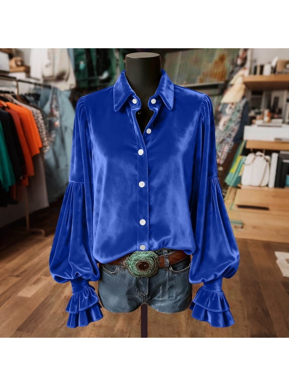 Long Sleeve Shirts for Women Casual New Women's Gothic Style Lapel Gold Velvet Shirt Long Sleeve Loose Button Tunic Summer Blouse Style B-22 Blue L