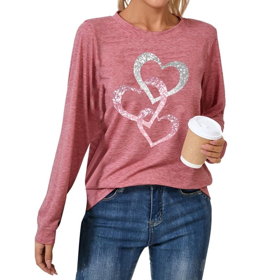 Long Sleeve Shirts for Women Casual Short Sleeve Crew Neck Shirt Loose Heart Print Blouse T Shirt Comfy Soft Blouses Vacation Clothes Brick Red L