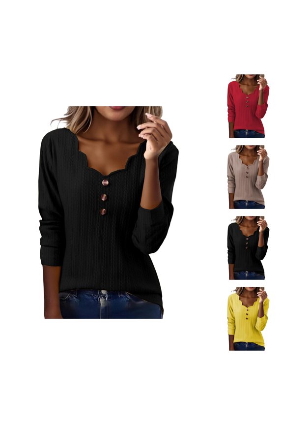 Long Sleeve Shirts for Women Casual Textured V Neck Wave Neckline Dressy Casual Shirt Cute Blouse Tops