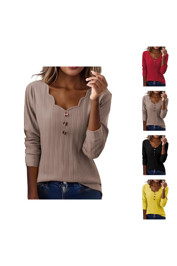 Long Sleeve Shirts for Women Casual Textured V Neck Wave Neckline Dressy Casual Shirt Cute Blouse Tops