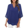 thumbnail image 1 of Long Sleeve Shirts for Women Casual Tops Ruffle 3/4 V Neck Double Chiffon Blouses Tops Basic Women's T-Shirts Blue L, 1 of 4