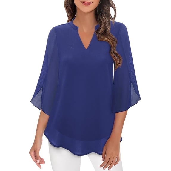 Long Sleeve Shirts for Women Casual Tops Ruffle 3/4 V Neck Double Chiffon Blouses Tops Basic Women's T-Shirts Blue L