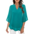 thumbnail image 1 of Long Sleeve Shirts for Women Casual Tops Ruffle 3/4 V Neck Double Chiffon Blouses Tops Basic Women's T-Shirts Green XL, 1 of 4