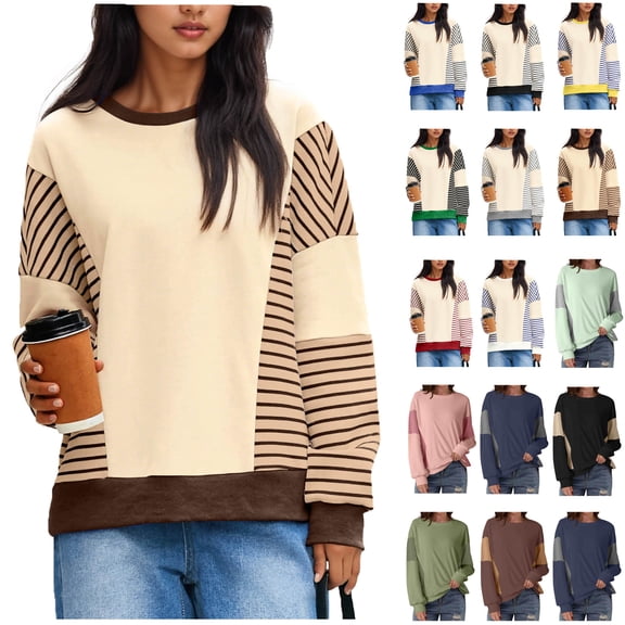 Long Sleeve Shirts for Women Casual Tunic Tops Women Fashion Casual Printed Round Neck Loose Capless Sweatshirt Top Great Gifts for Less Brown L