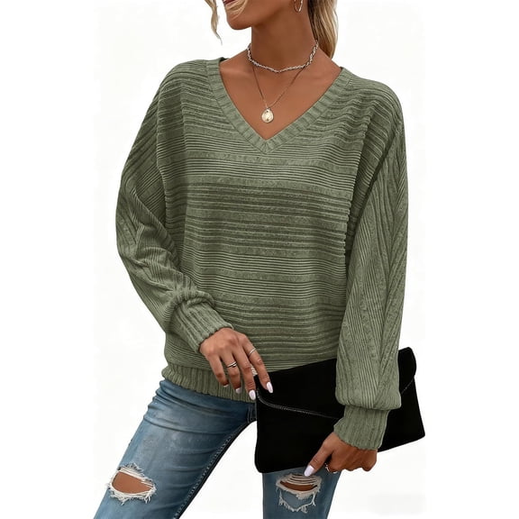 Long Sleeve Shirts for Women Casual V Neck Solid Color Pullover Sweaters Tunic Tops Dressy Blouses Fall Fashion Clothes 2026 Army Green M
