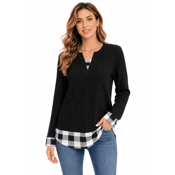 Long Sleeve Shirts for Women Casual V Neck Plaid Fake Two Piece Tops Lightweight Knit Tops Plus Size S-4XL