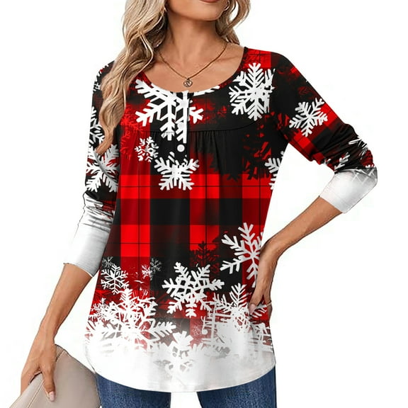 Long Sleeve Shirts for Women Christmas Print Pleated Henley Neck Long Sleeve Tunic Blouses Loose Fit Casual Tops Festive Pullover