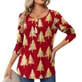 thumbnail image 1 of Long Sleeve Shirts for Women Christmas Print Pleated Henley Neck Long Sleeve Tunic Blouses Loose Fit Casual Tops Festive Pullover, 1 of 5