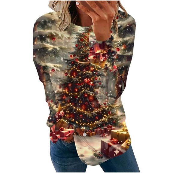 Long Sleeve Shirts for Women Christmas Tops Round Neck Festive Print Comfort Fit Holiday Party Ready Wear Going Out Tops