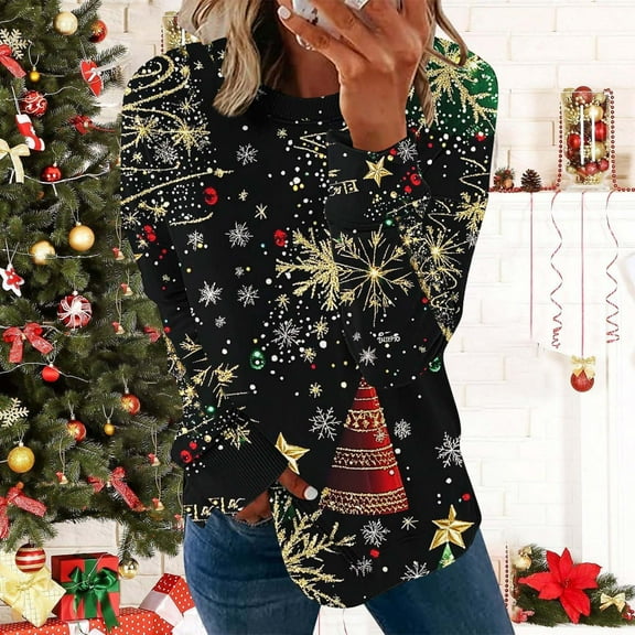 Long Sleeve Shirts for Women Christmas Tops Round Neck Festive Print Comfort Fit Holiday Party Ready Wear Going Out Tops
