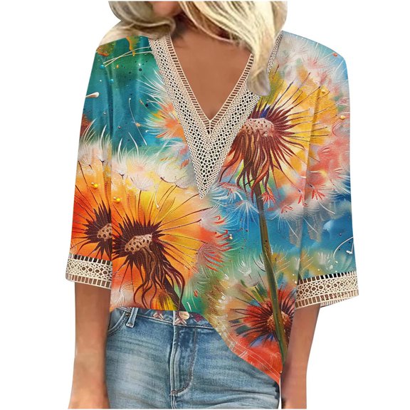 Long Sleeve Shirts for Women Fashion Women's Summer-Neck 3/4 Sleeve Lace Print Casual T-shirt Blouse