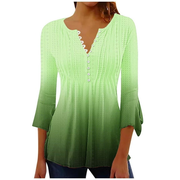 Long Sleeve Shirts for Women Women's Casual Printed Button Pleated Waist Flared Cropped 3/4 Sleeve Top