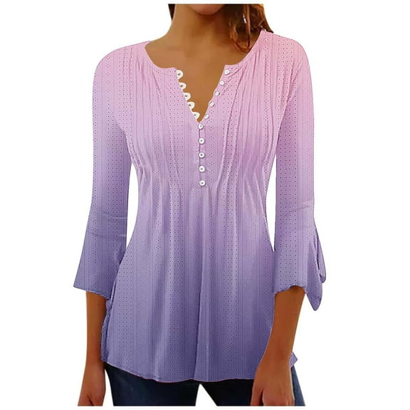 Long Sleeve Shirts for Women Women's Casual Printed Button Pleated Waist Flared Cropped 3/4 Sleeve Top