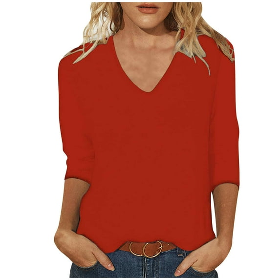 Long Sleeve Shirts for Women Women's Fashion Solid Color Loose T-shirt 3/4 Sleeves Blouse V-Neck Casual Tops