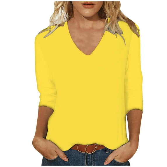 Long Sleeve Shirts for Women Women's Fashion Solid Color Loose T-shirt 3/4 Sleeves Blouse V-Neck Casual Tops