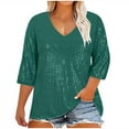 thumbnail image 1 of Long Sleeve Shirts for Women Women's Plus-Size V-neck Sequined 3/4t Sleeve Solid Color Casual, 1 of 9