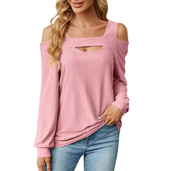 Long Sleeve Shirts for Women Cold Shoulder Fall Solid Color Tees Trendy Casual Tops