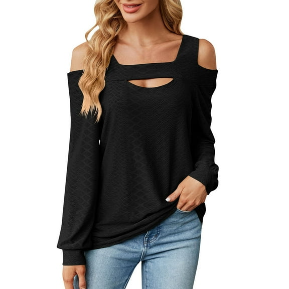 Long Sleeve Shirts for Women Cold Shoulder Fall Solid Color Tees Trendy Casual Tops