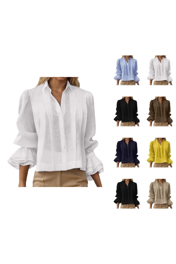 Long Sleeve Shirts for Women Collared Button Down Pleated Front Puff Sleeve Ruffled Flare Dressy Casual Blouse Tops