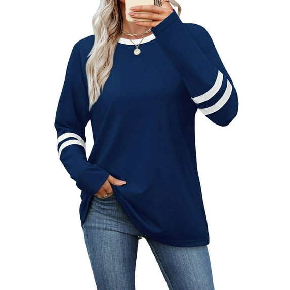 Long Sleeve Shirts for Women Color Block Casual Tops Fall Outfits Basic Tees Trendy Clothes Navy Blue S