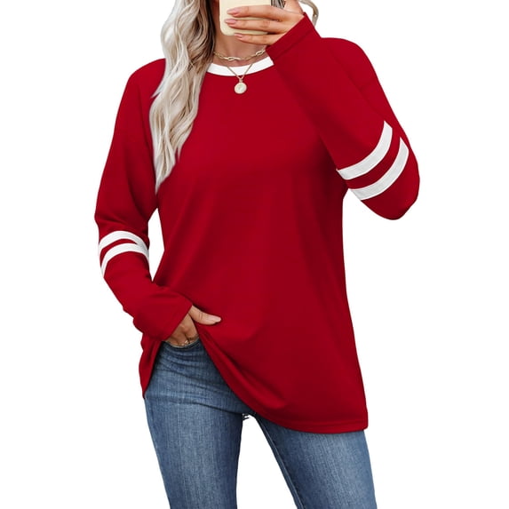 Long Sleeve Shirts for Women Color Block Casual Tops Fall Outfits Basic Tees Trendy Clothes Red XL