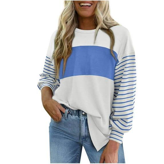 Long Sleeve Shirts for Women Color Block Crew Neck Pullover Blouse Casual Fashion Ladies Blouse