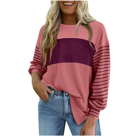Long Sleeve Shirts for Women Color Block Crew Neck Pullover Blouse Casual Fashion Ladies Blouse