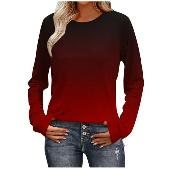 Long Sleeve Shirts for Women Color Block Gradient Tops Casual Crewneck Basic Tees Spring Fall Fashion Outfits