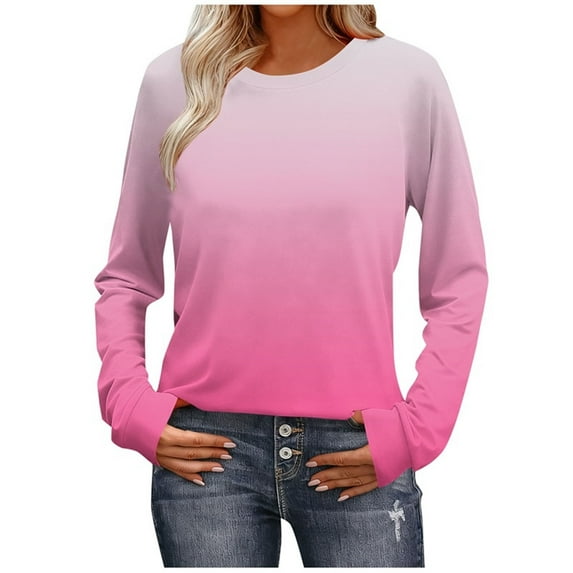 Long Sleeve Shirts for Women Color Block Gradient Tops Casual Crewneck Basic Tees Spring Fall Fashion Outfits