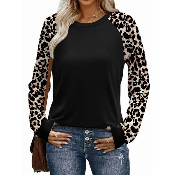 Long Sleeve Shirts for Women Color Block Raglan Tops Casual Crew Neck Basic Tees Fall Clothes Black Leopard M