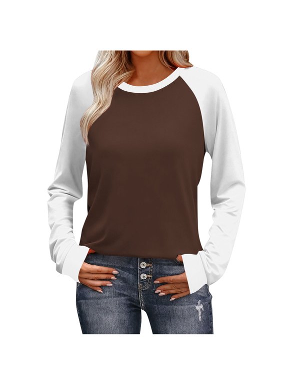 Long Sleeve Shirts for Women Color Block Raglan Tops Casual Crewneck Basic Tees Spring Fall Fashion Clothes