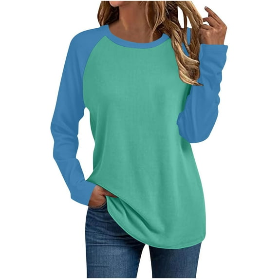 Long Sleeve Shirts for Women Color Block Raglan Tops Crewneck Fall Basic Tees Casual Baseball Tees, L Mint Green